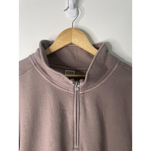 PINK Victoria's Secret Sweatshirt Womens XL Taupe Quarter Zip Mock Neck Fleece - Picture 3 of 9